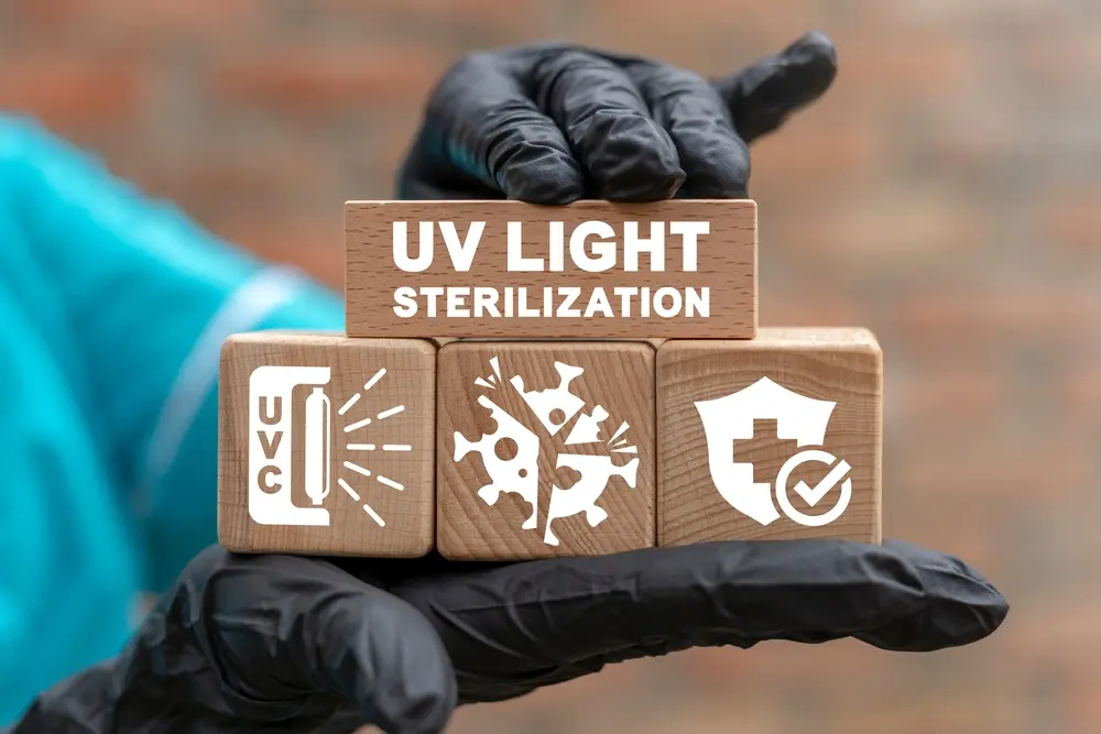 Concept of UV-C light sterilization. UV disinfection of viruses and bacteria. 