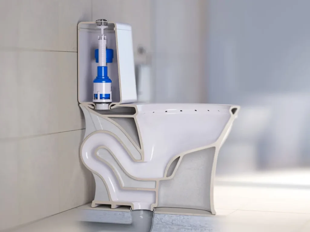 cross section of toilet bowl structure showing toilet overflow tube